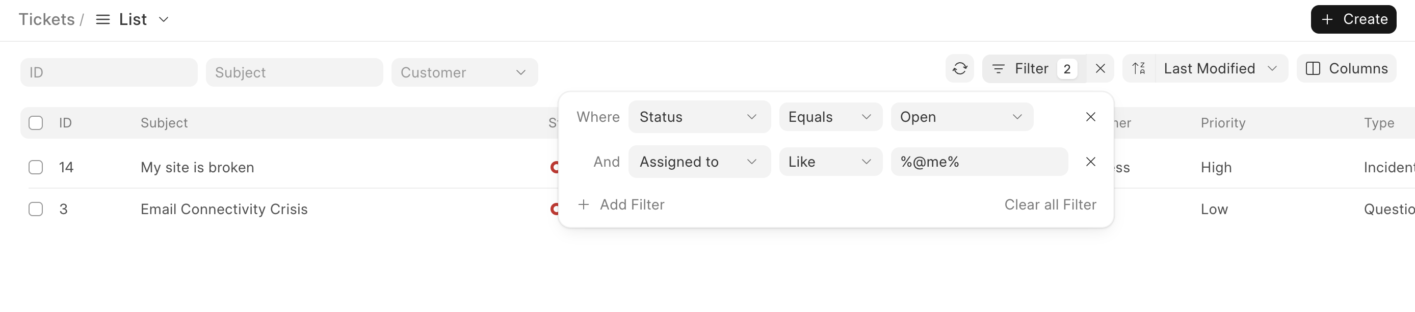 My Open Tickets Filter