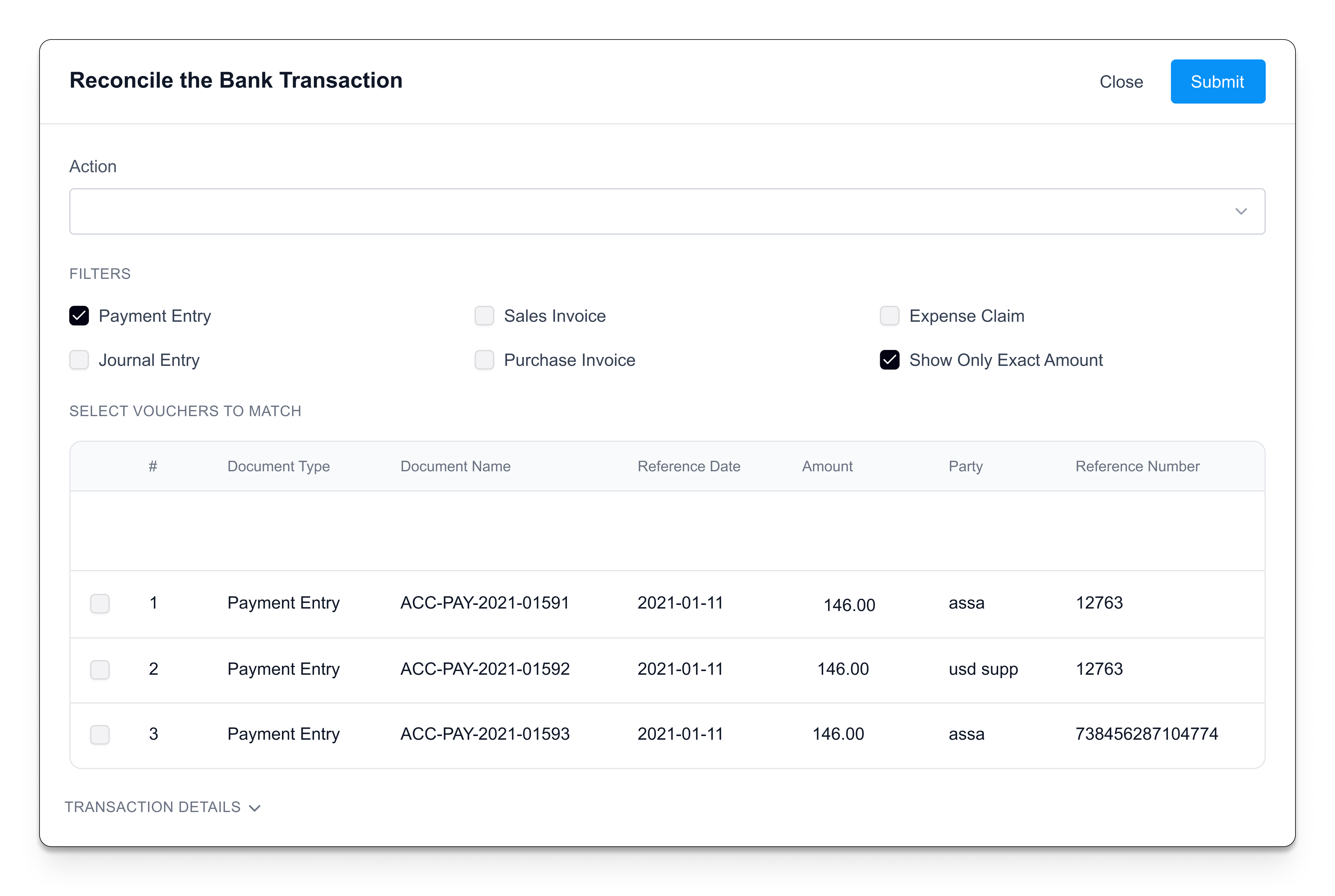 Reconcile bank transactions