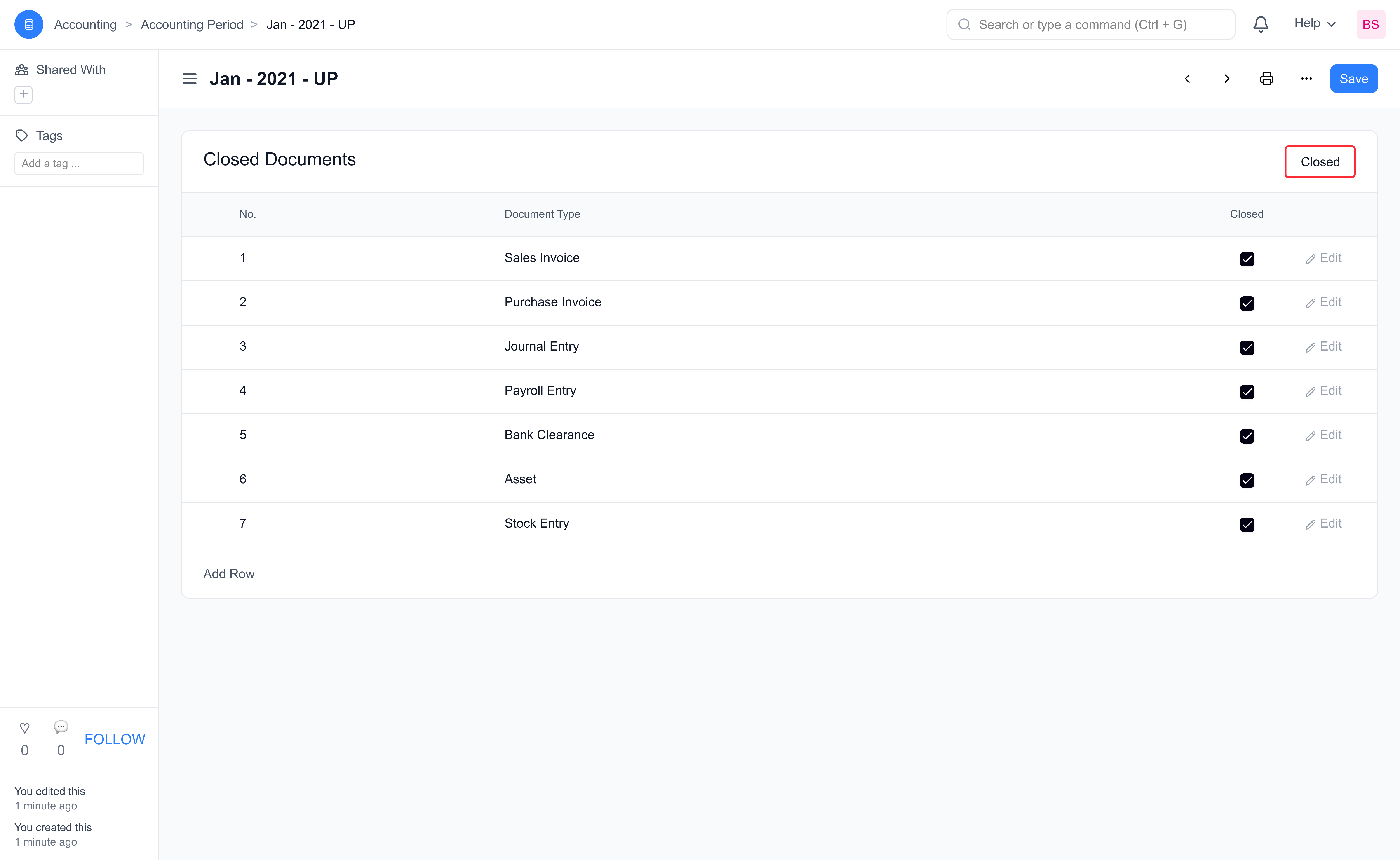 Accounting Period Child Table